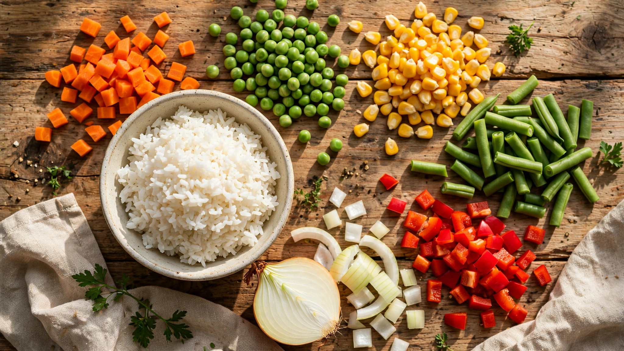 Ingredientes del arroz a la jardinera: arroz, zanahoria, chícharos, elote, ejotes, pimiento y cebolla