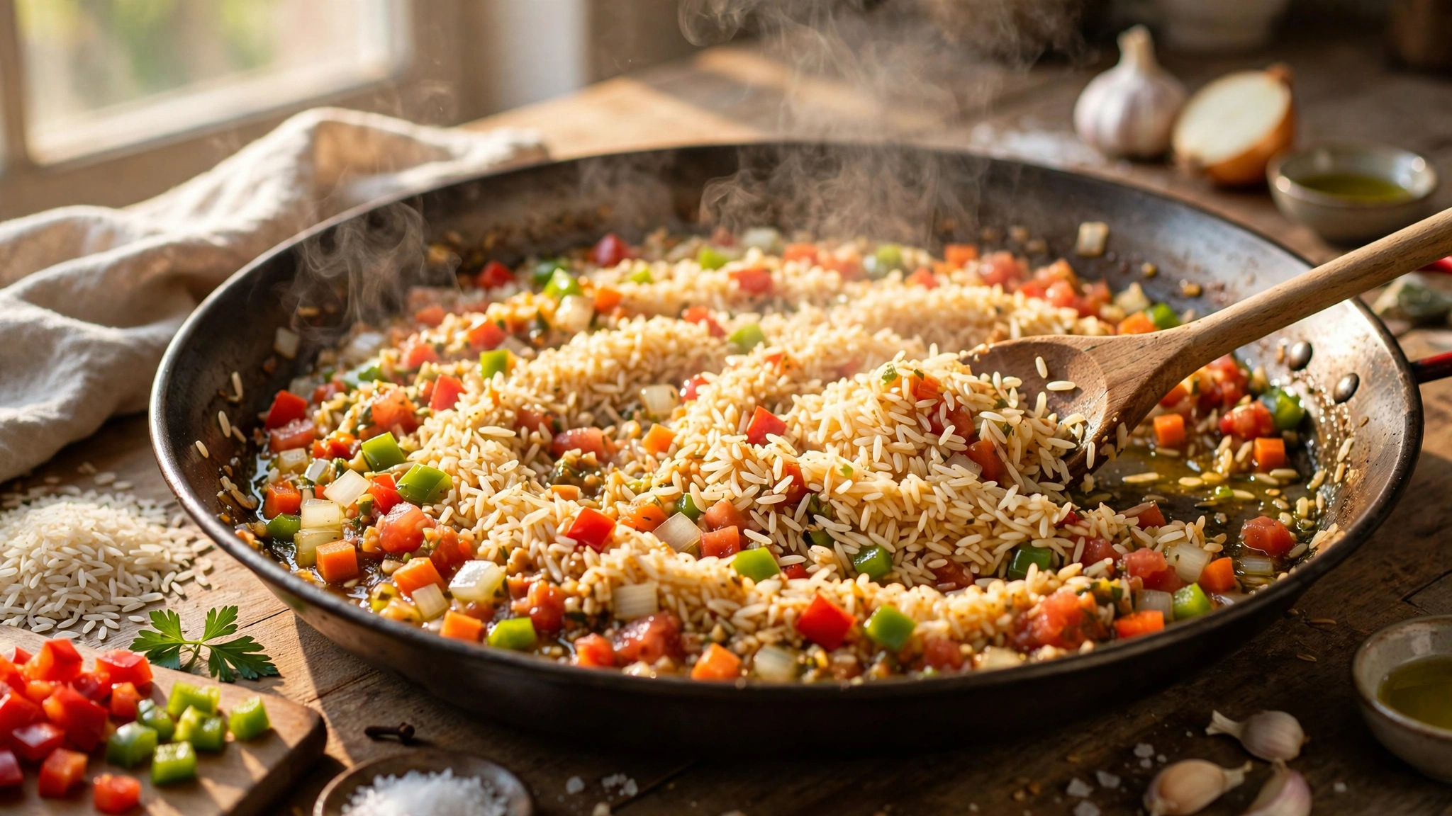 Arroz tostándose con las verduras en la cacerola antes de agregar el caldo