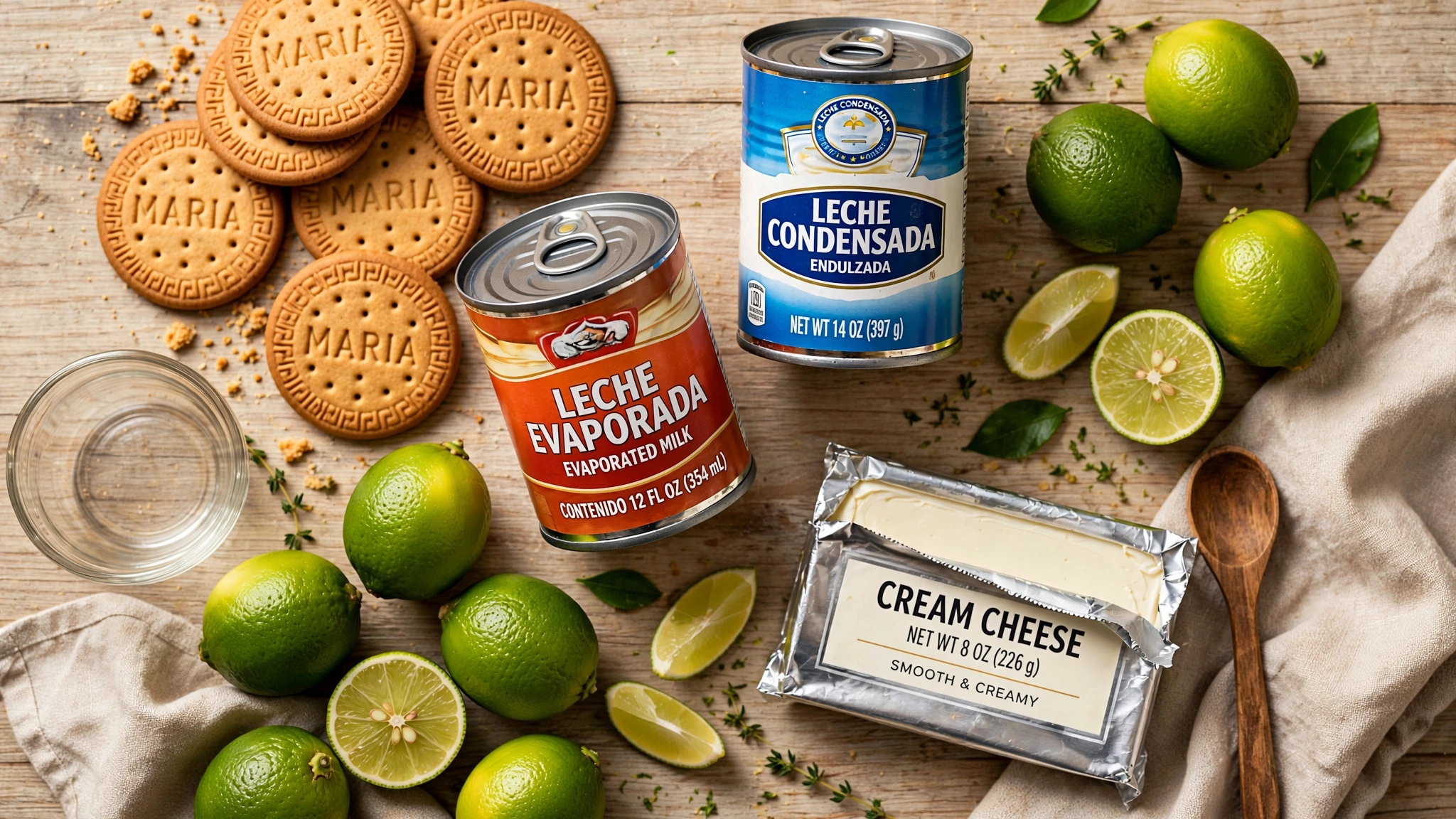 Ingredientes del pay de limón sin horno: galletas Marías, leche condensada, leche evaporada, queso crema y limones