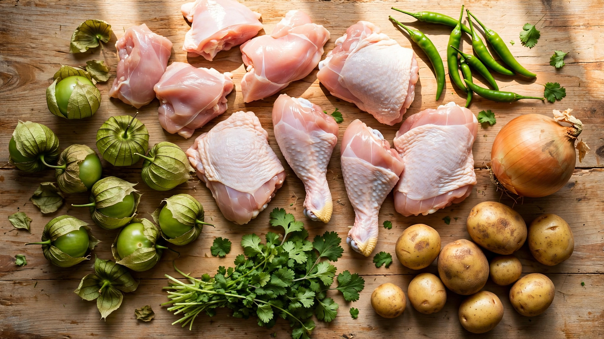 Ingredientes del pollo en salsa verde: piezas de pollo, tomatillos, chiles serranos, cilantro, cebolla y papas