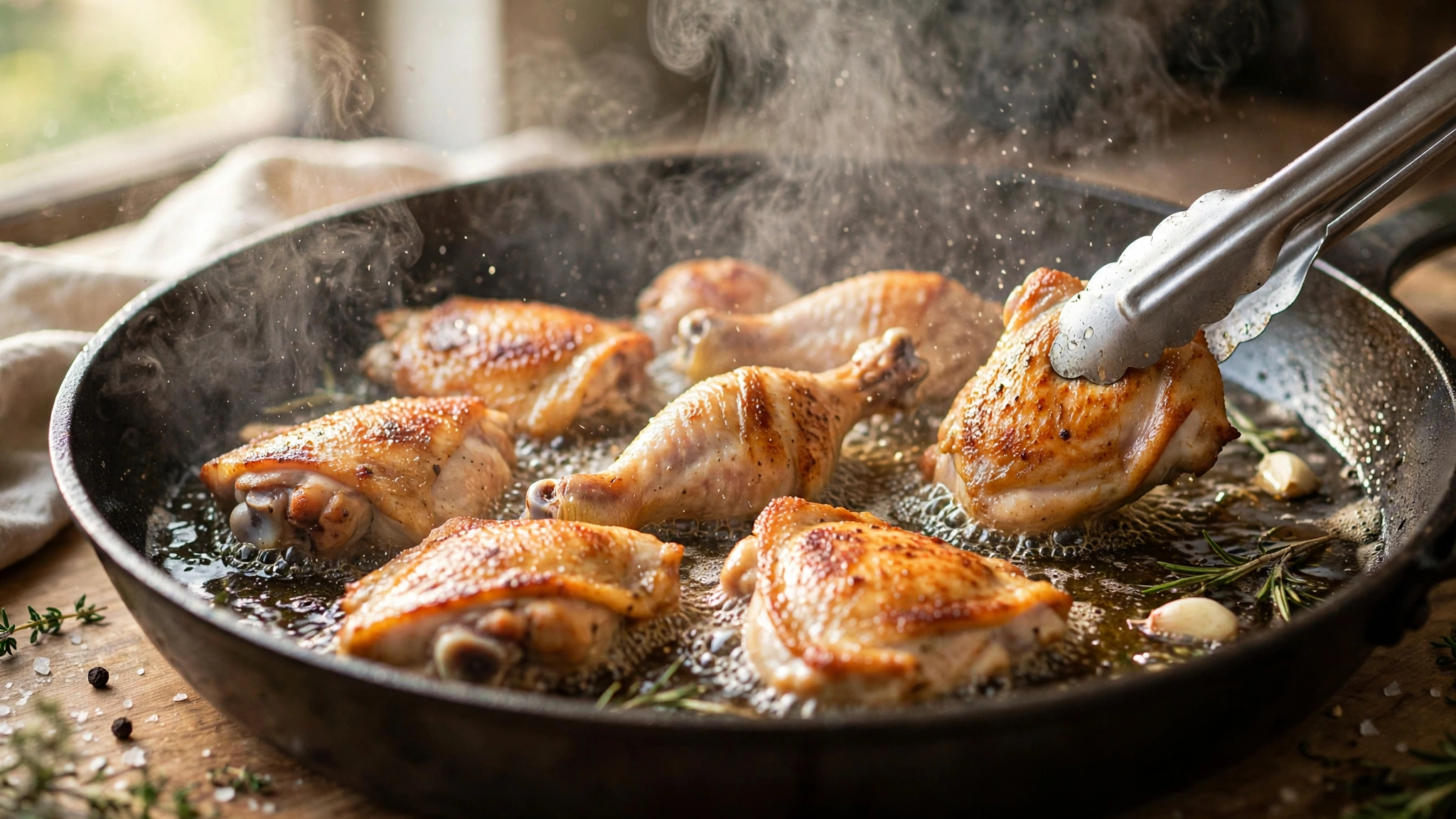 Piezas de pollo sellándose en una olla hasta dorarse antes de agregar la salsa verde