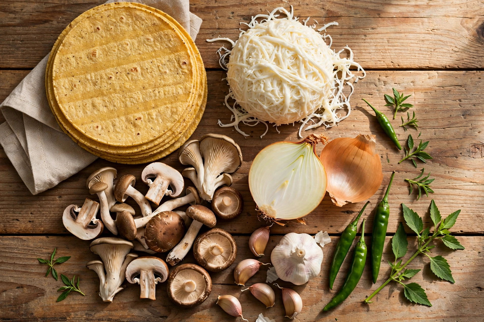 Ingredientes para quesadillas de hongos: tortillas, queso Oaxaca, hongos, cebolla, ajo y epazote