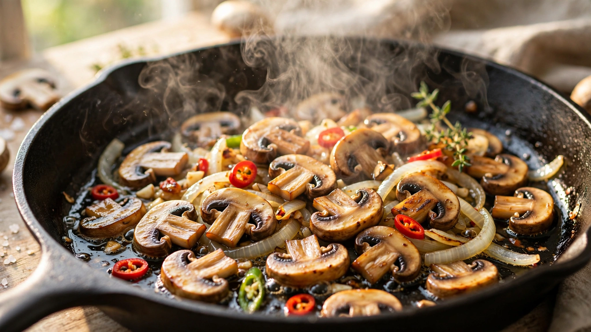 Hongos dorándose en sartén caliente para el relleno de las quesadillas