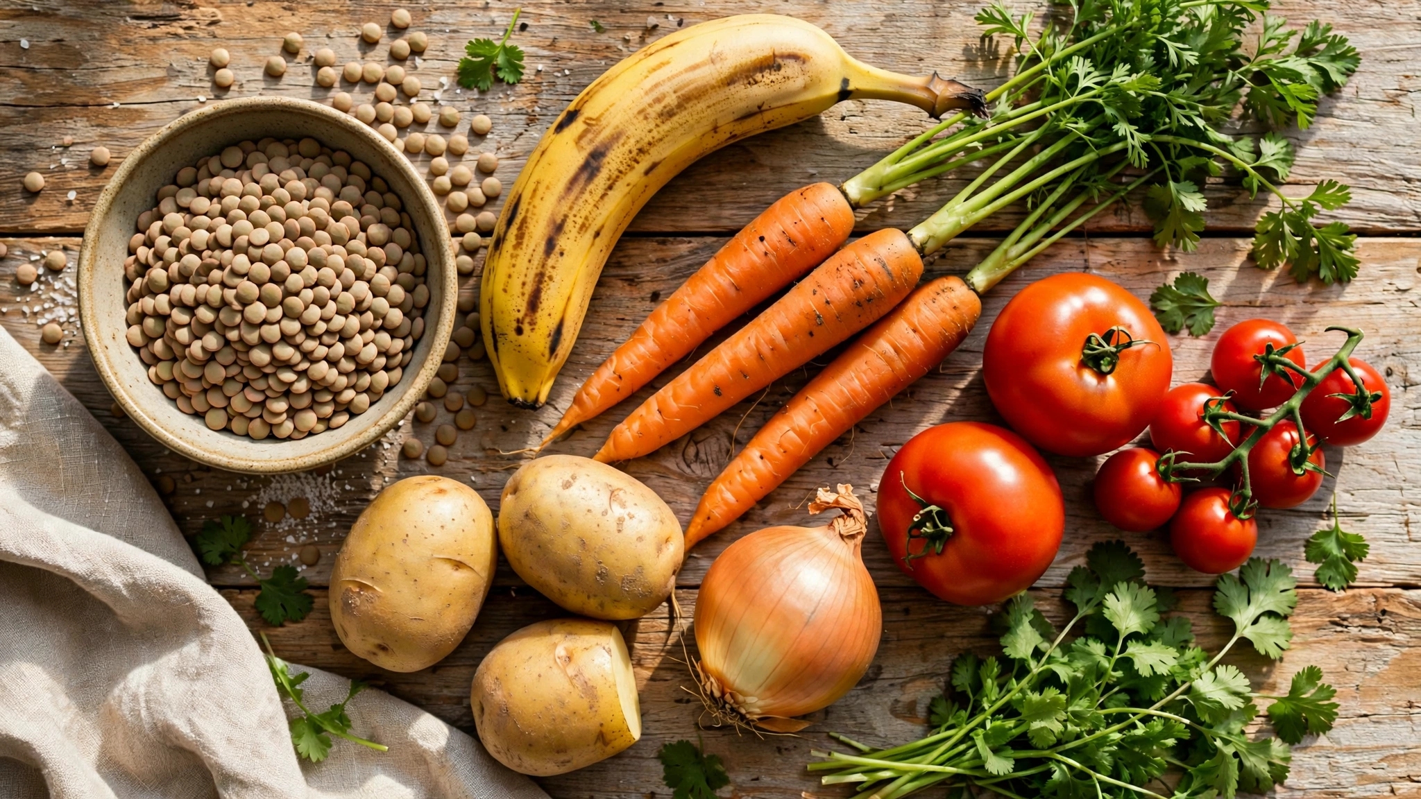 Ingredientes de la sopa de lentejas: lentejas, plátano macho, zanahoria, papa, cebolla y jitomate