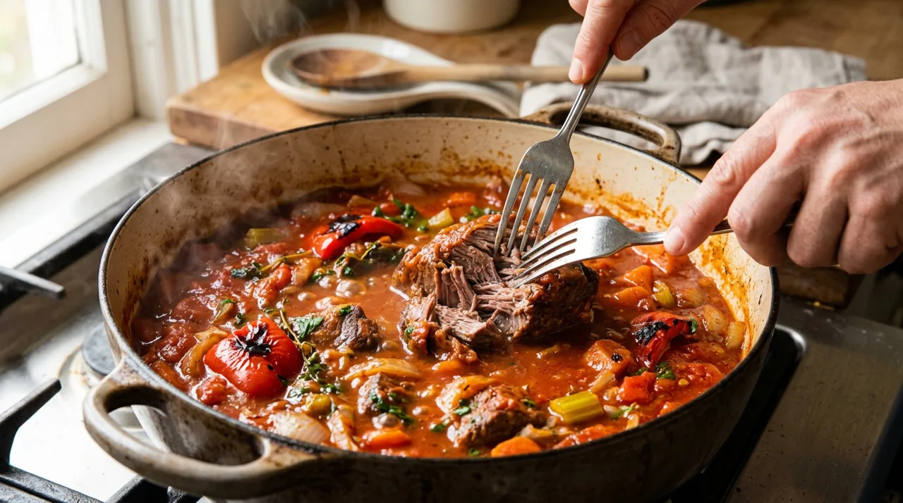 Carne deshebrada guisándose con pimientos en la cacerola
