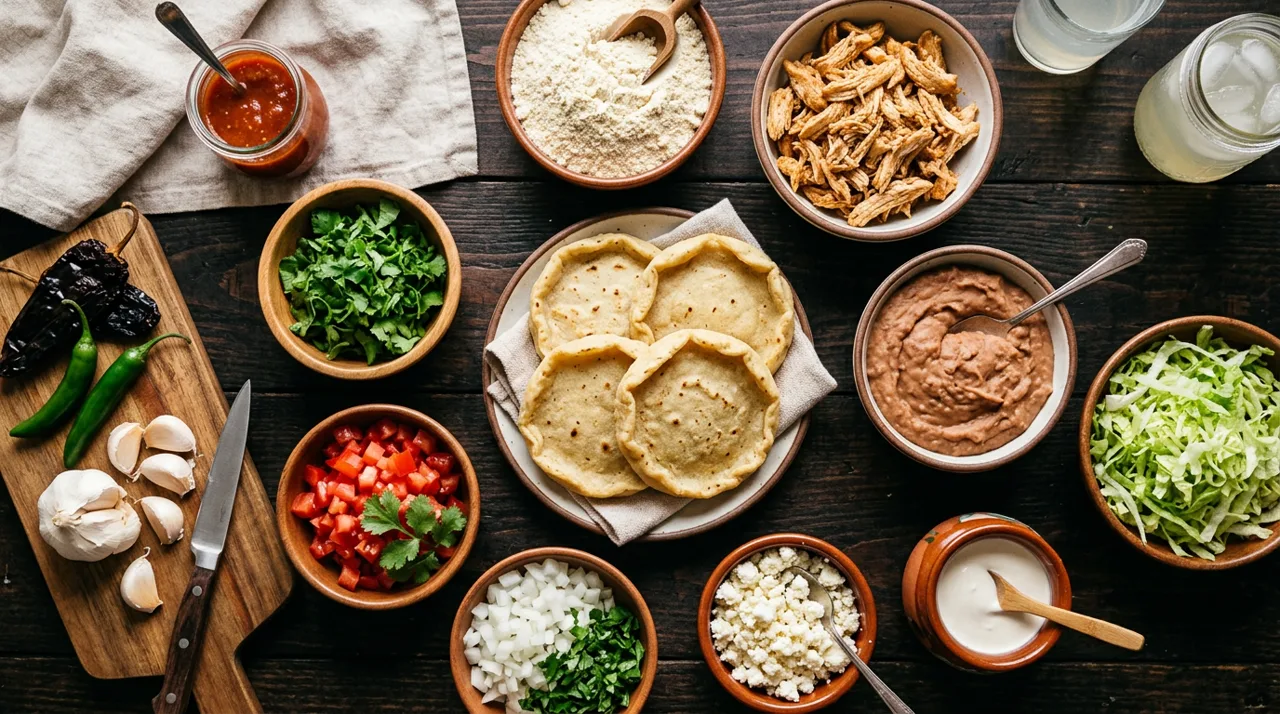 Ingredientes para sopes de pollo: harina de maíz, pollo deshebrado, frijoles, lechuga, crema y queso fresco