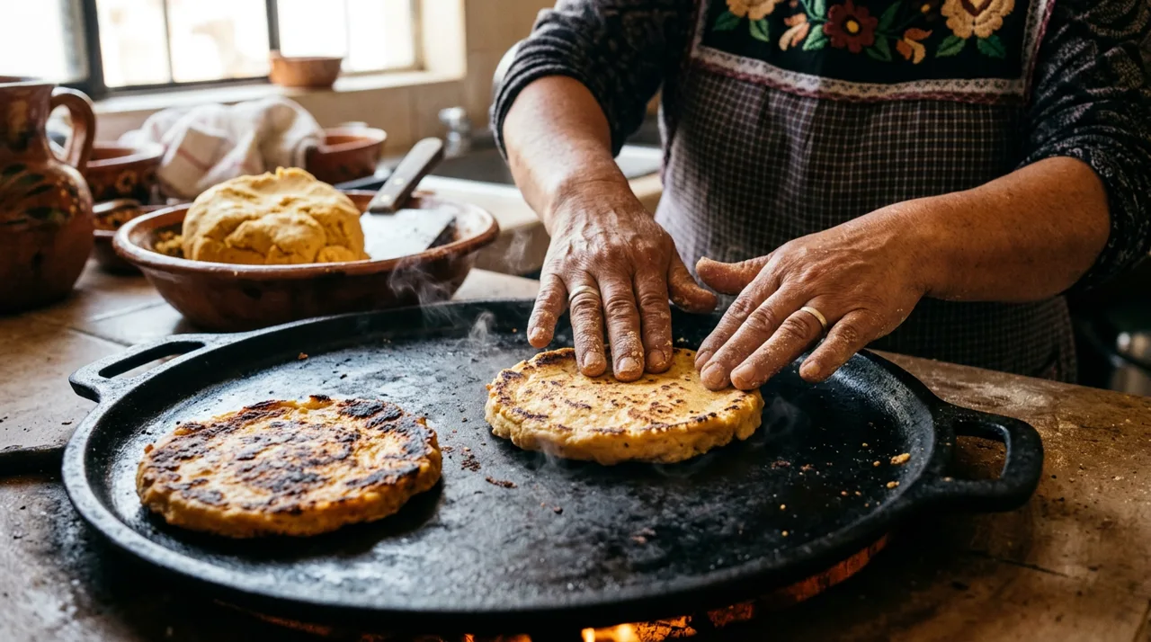 Formando los sopes de maíz en el comal caliente