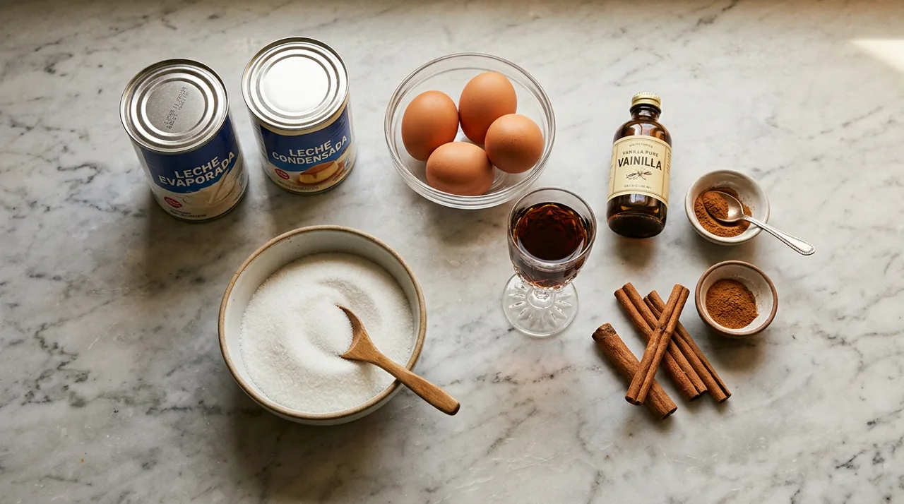 Ingredientes del suspiro limeño: leches, huevos, azúcar y canela