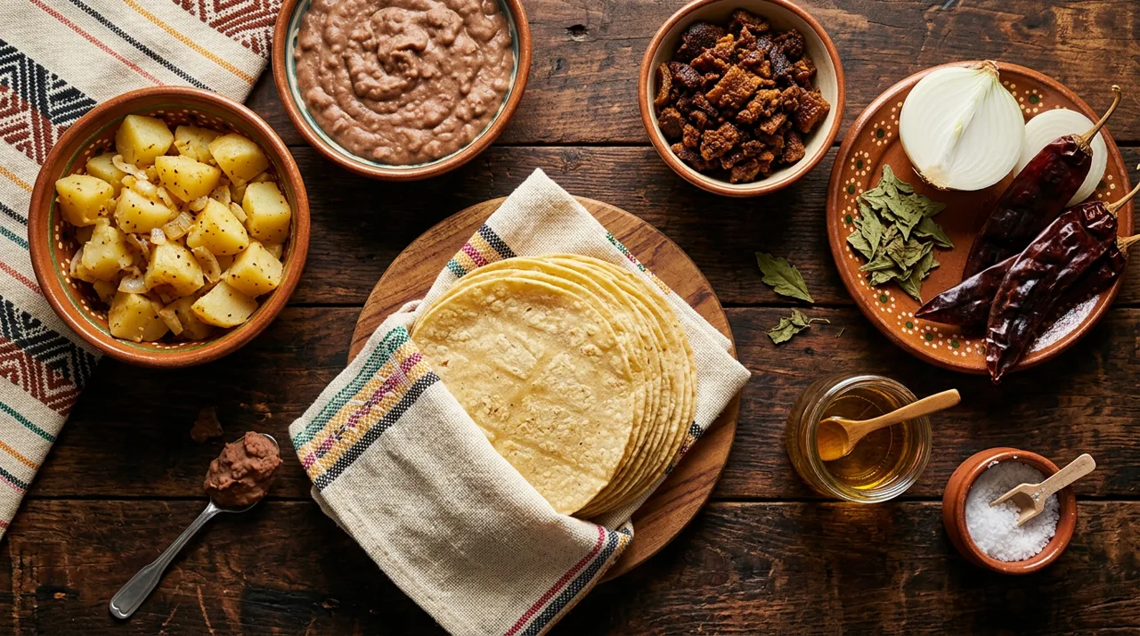 Ingredientes para tacos de canasta: tortillas, papa, frijoles refritos, chicharrón y chiles guajillo