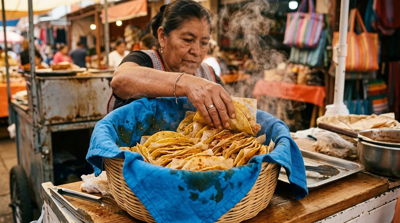Acomodando los tacos bañados en aceite dentro de la canasta