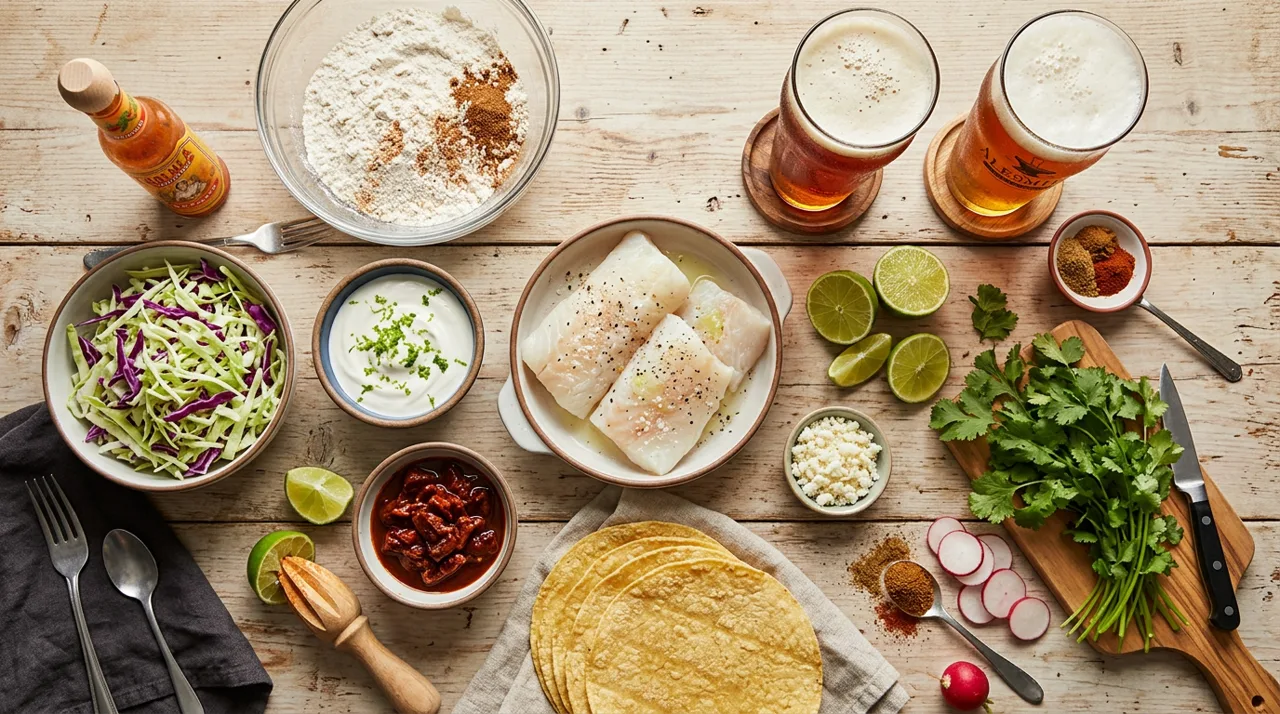 Ingredientes para tacos de pescado estilo Baja sobre mesa de madera