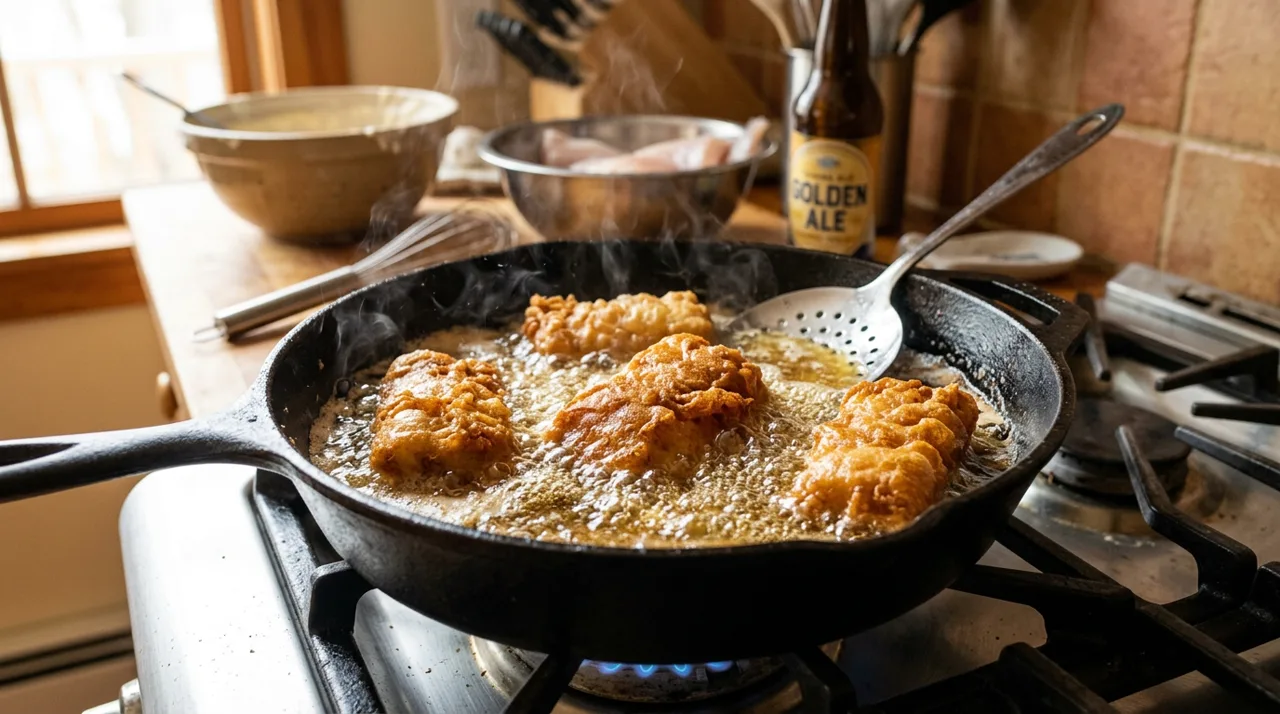 Tiras de pescado en tempura friéndose en aceite caliente