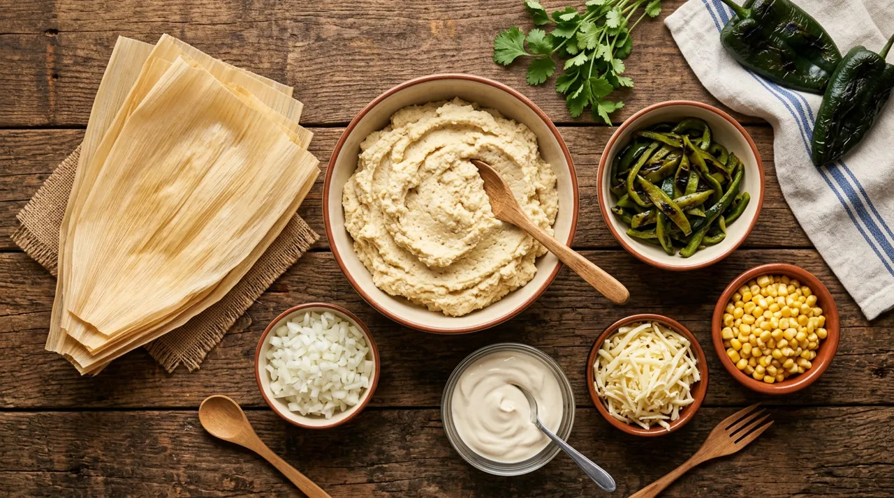 Ingredientes para tamales de rajas con crema: hojas de maíz, poblanos, crema, queso y masa
