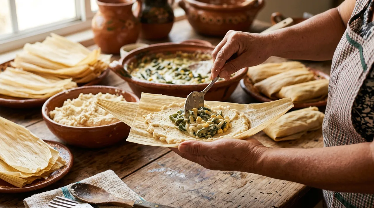 Manos armando tamales de rajas con crema sobre hoja de maíz
