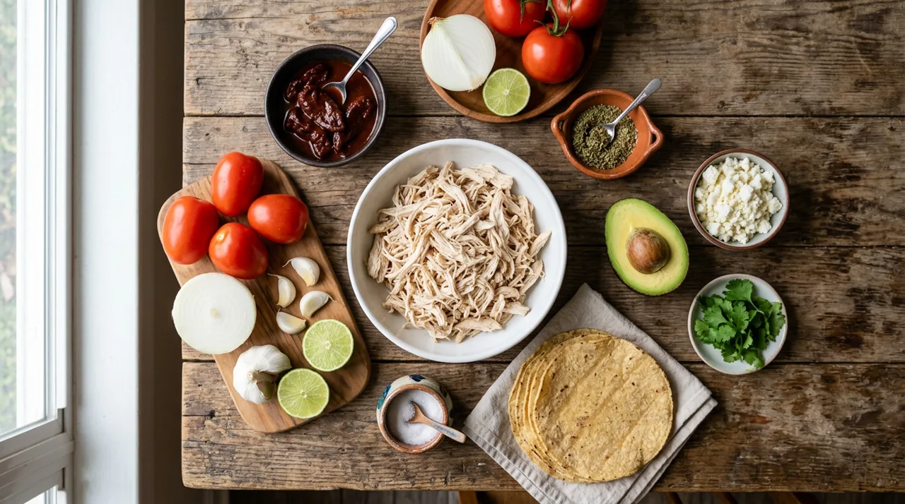 Ingredientes para tinga de pollo: pechuga de pollo, chipotles en adobo, jitomates, cebolla, ajo, aguacate y queso fresco