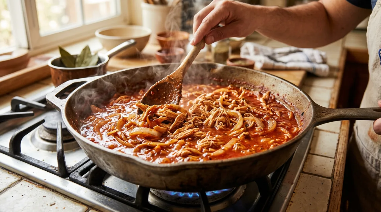 Tinga de pollo cocinándose en cazuela: pollo deshebrado en salsa roja de chipotle burbujeante