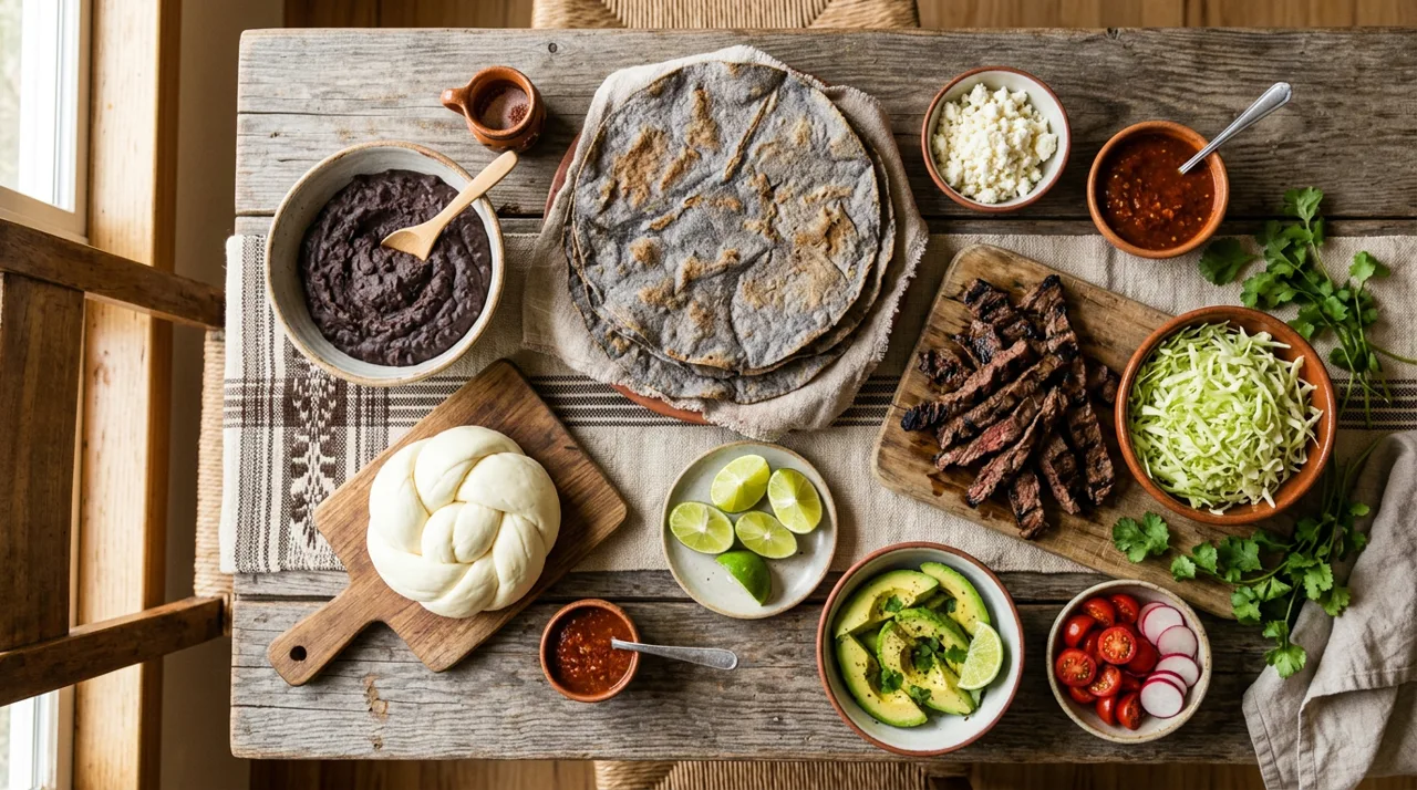 Ingredientes para tlayudas: tortillas grandes, frijoles negros, quesillo, tasajo, repollo, jitomate y aguacate
