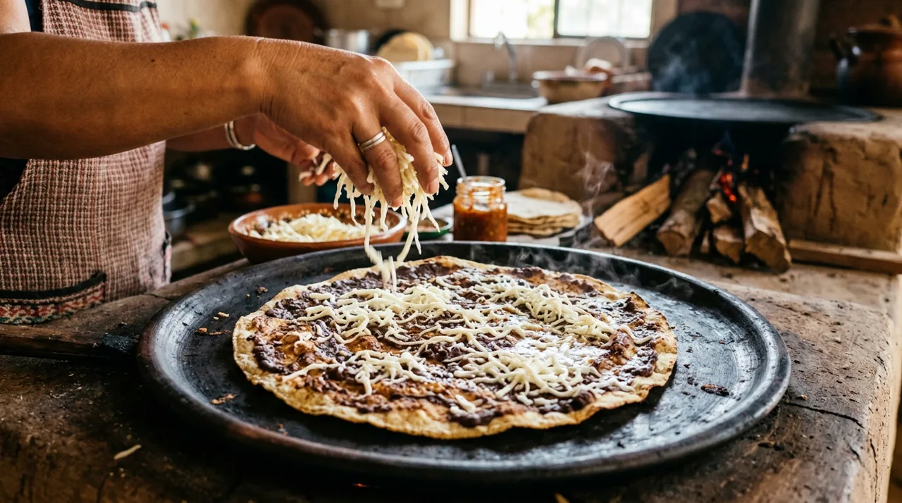 Armando una tlayuda sobre el comal con quesillo derritiéndose