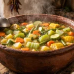 Olla de sopa de verduras humeante