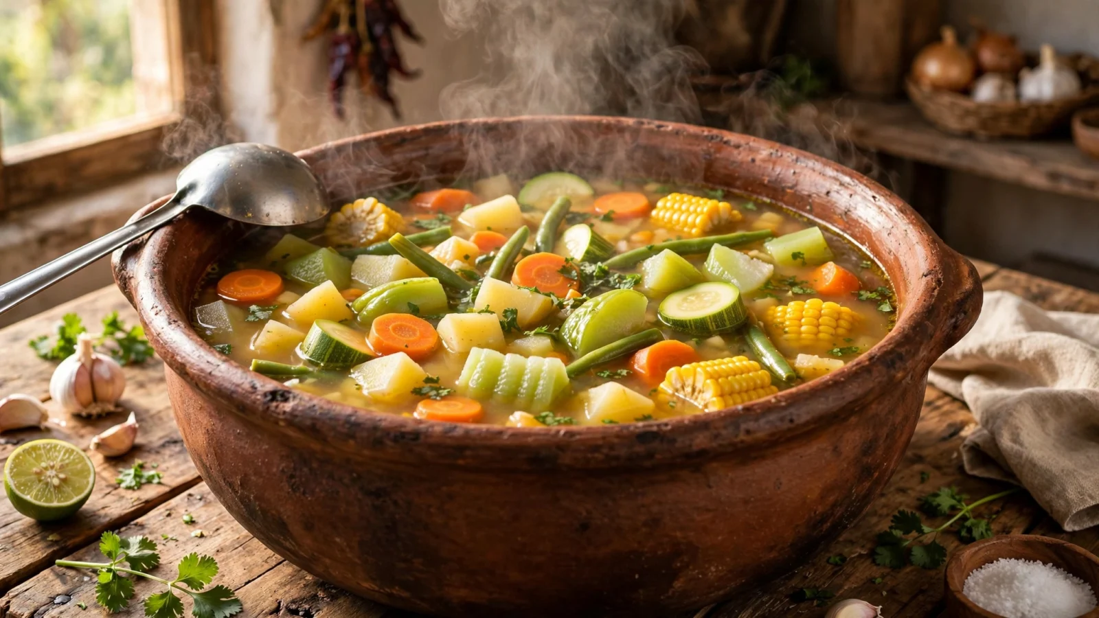 Olla de sopa de verduras humeante