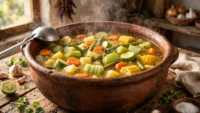 Olla de sopa de verduras humeante