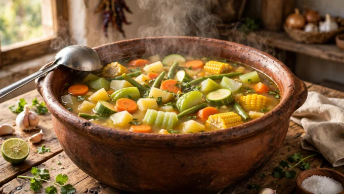 Olla de sopa de verduras humeante