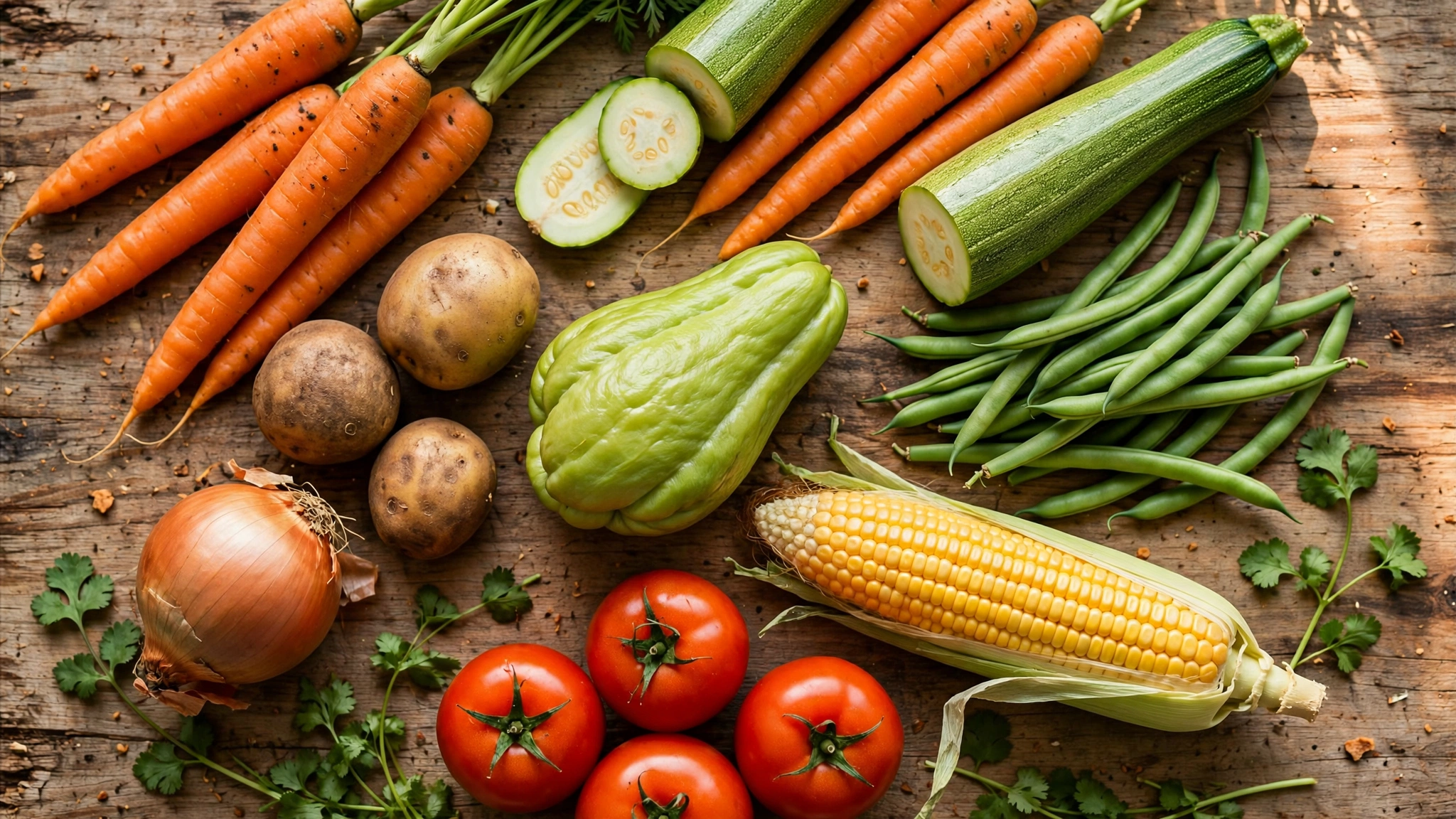 Verduras frescas para la sopa sobre tabla de madera