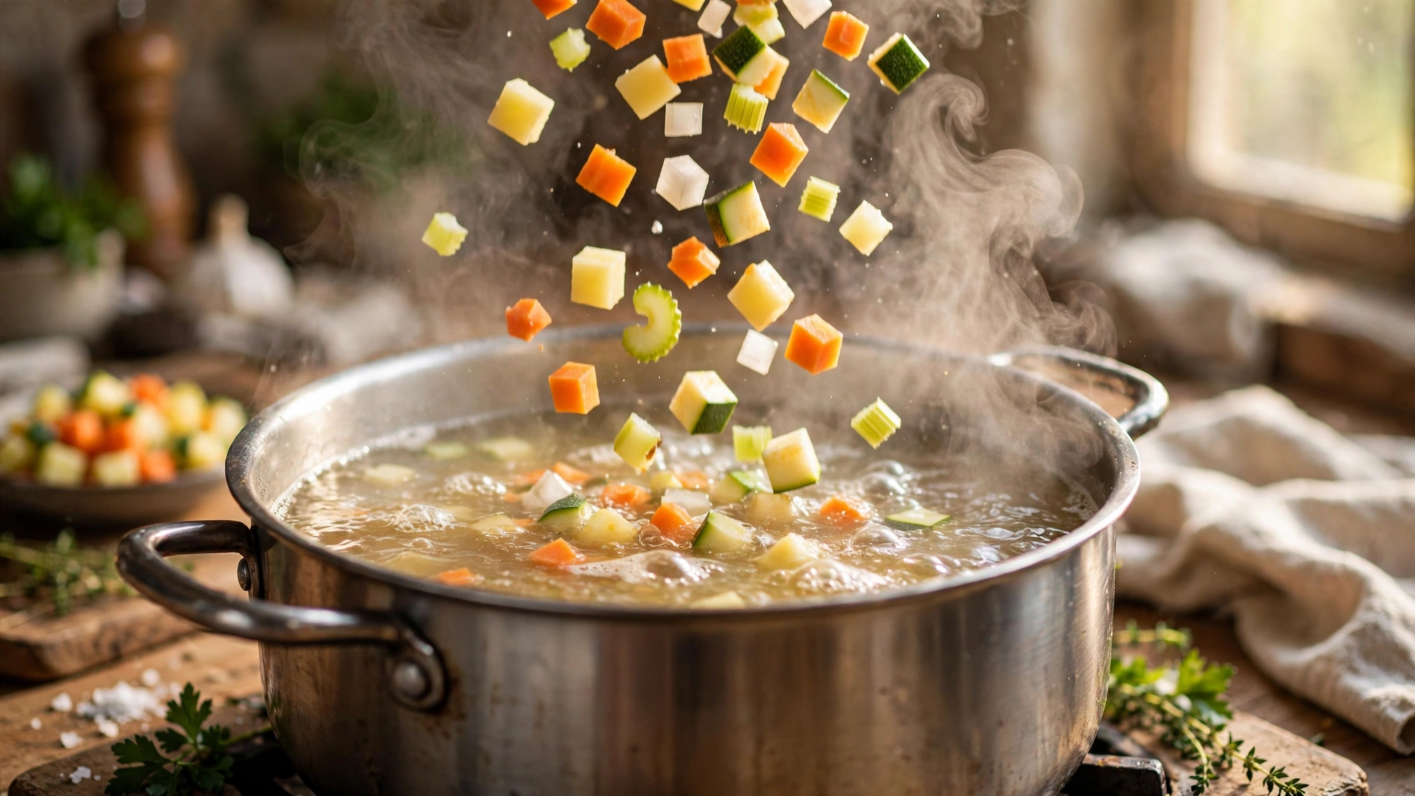 Verduras cociéndose dentro del caldo