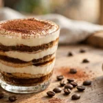 Tiramisú clásico servido en copa de cristal