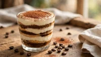 Tiramisú clásico servido en copa de cristal
