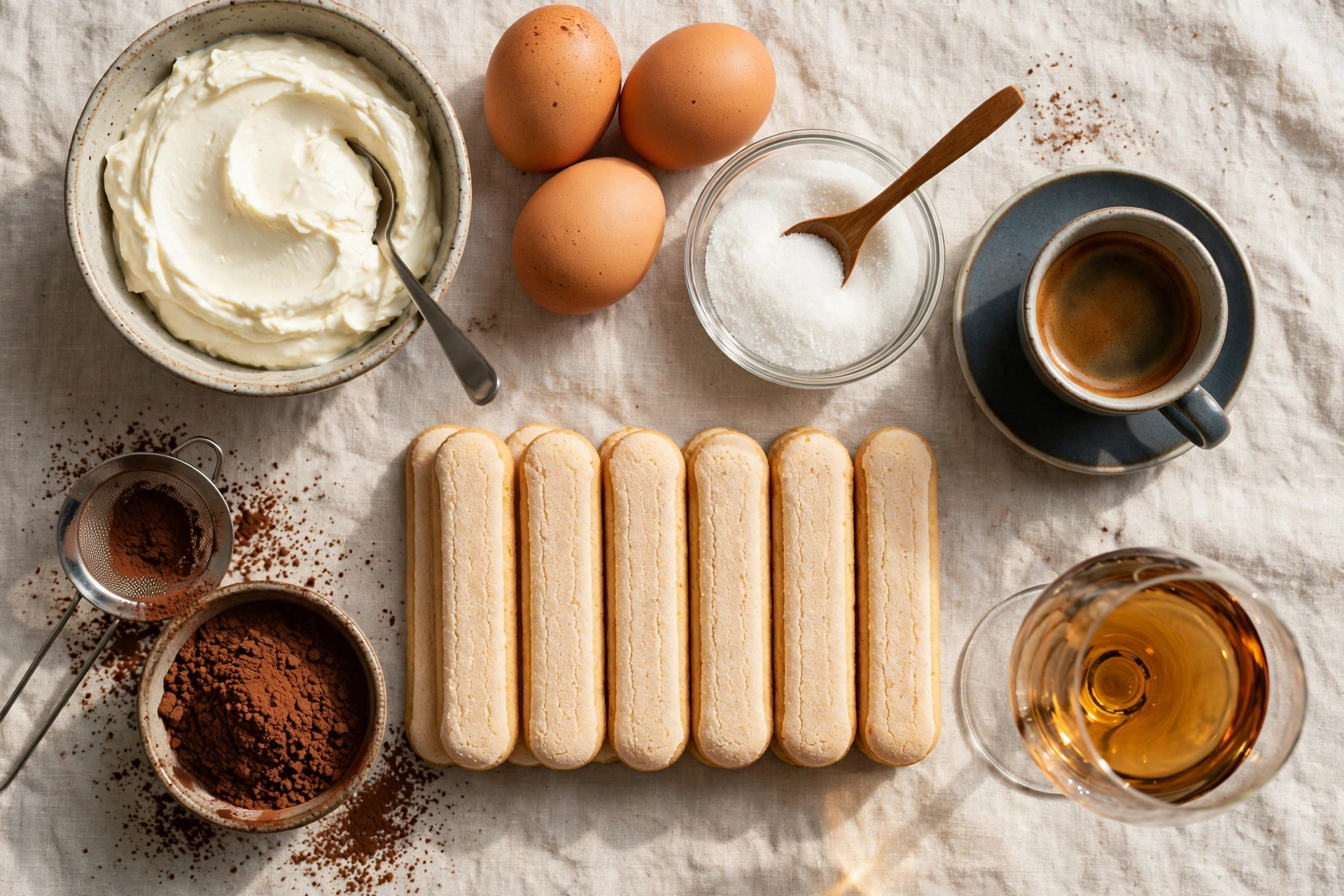 Ingredientes del tiramisú sobre la mesa