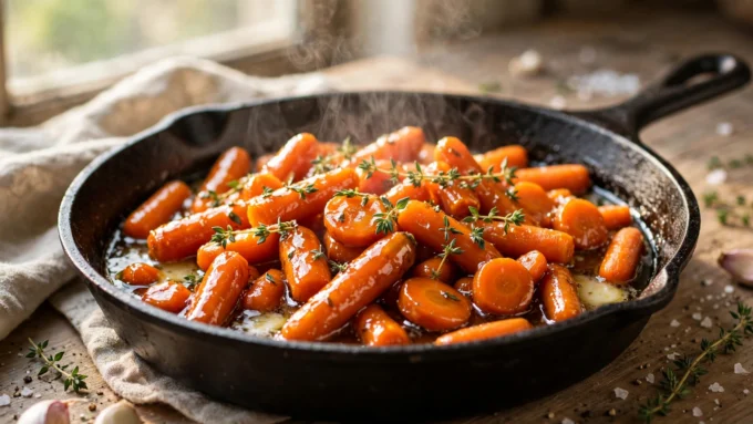 Zanahorias glaseadas con miel en sartén de hierro